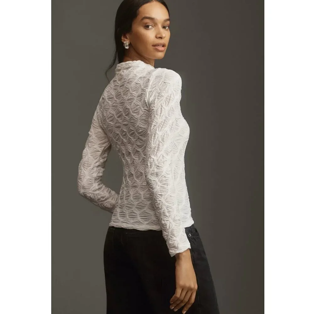 Anthropologie Maeve Talia Long Sleeve Mock Neck Textured Top in Ivory Women's S